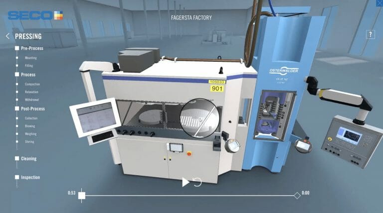 A screenshot of a SECO Virtual Reality application of factory tour